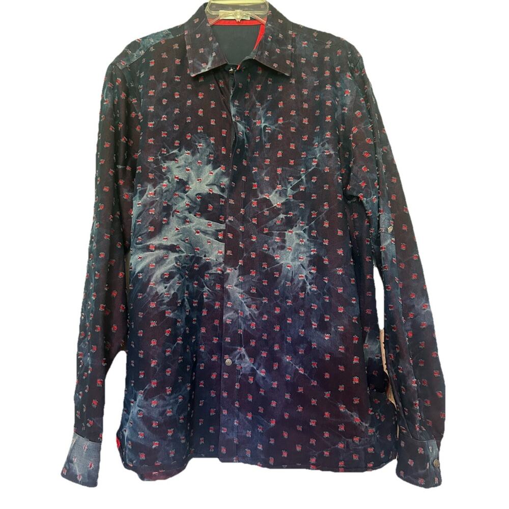 Ross Graison Mens XL Embroidered Blue Red Cotton Shirt Button Up Roll Up Sleeves